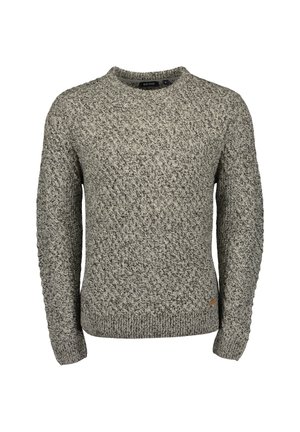 Grijze gebreide trui met ronde hals, lange mouwen en geribbelde boorden en zoom, weergegeven op een witte achtergrond.