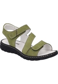 Grüne Wildledersandalen mit verstellbaren Riemen, gepolstertem Fußbett und schwarzer Gummisohle. Mit kontrastierenden weißen Nähten.