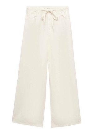 Weite, cremefarbene Hosen aus leichtem Material, mit einem Kordelzugbund und vorderen Taschen. Glatte Textur, einfaches Design.