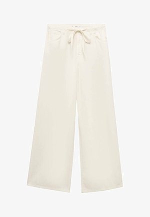 Pantaloni a gamba larga color crema realizzati in tessuto leggero, con vita regolabile e tasche frontali. Texture liscia, design semplice.