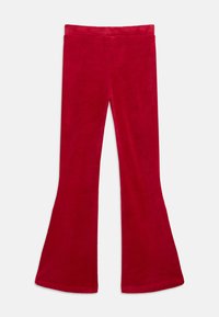 Bordeaux flared broek met een brede tailleband, vlakke voorkant en geen zichtbare zakken, gepresenteerd op een witte achtergrond.