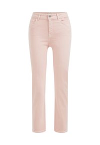 Vaaleanpunaiset farkut, joissa on kapea suora leikkaus, vetoketjukiinnitys, viisi-taskua ja hienot ompelusyyt. Sileä tekstuuri.