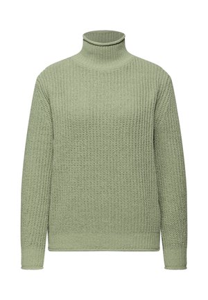 Jersey de cuello alto tejido en verde, con un patrón texturizado, mangas largas, y un cuello y puños de canalé. Material suave y ligero.