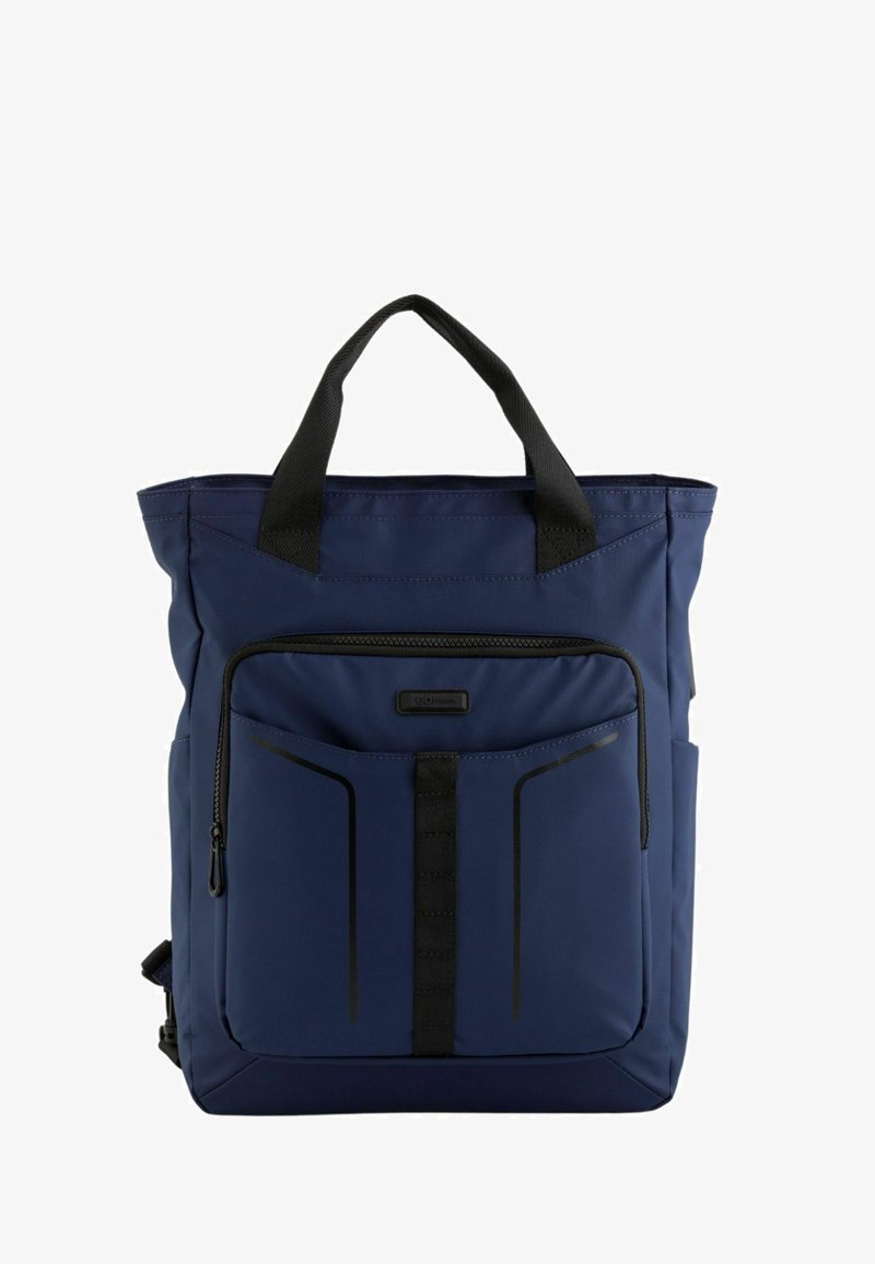 Marineblå tote taske lavet af slidstærkt stof, med en frontlomme med lynlås, sorte detaljer og dobbelt håndtag for nem transport.