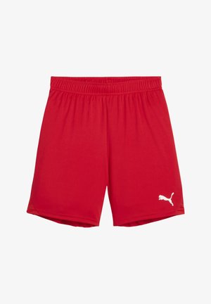 Rote Sportshorts aus glattem, leichtem Material. Mit einem elastischen Bund und einem kleinen weißen Logo unten links.