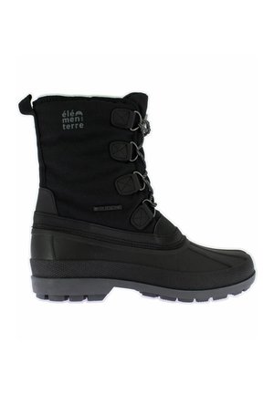 Bota de invierno aislada negra con cordones en la parte delantera, sección inferior de goma y logo "élément terre" en la caña superior.