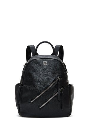 Black leather backpack with a textured finish, featuring two diagonal zippers, a top handle, and adjustable shoulder straps.