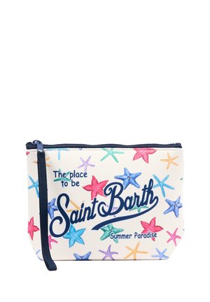 Mała saszetka na zamek błyskawiczny z kolorowym wzorem rozgwiazd i napisem "The place to be Saint Barth Summer Paradise" na białym tle.