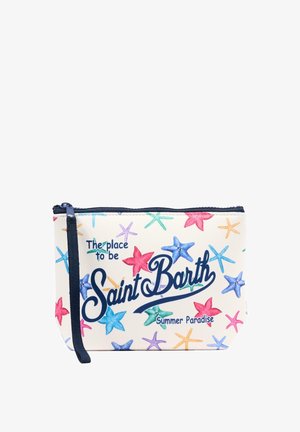 Petite pochette zippée avec motif d'étoiles de mer colorées et texte "The place to be Saint Barth Summer Paradise" sur fond blanc.