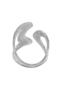 Sølv åpen mansjett ring med en bølgete design, glatt tekstur og en polert finish. Har to buede ender som skaper en abstrakt silhuett.