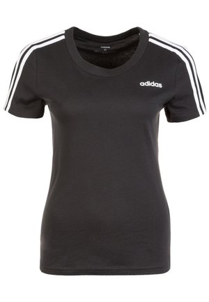 Czarny t-shirt Adidas z krótkim rękawem, z białym wzorem trzech pasków na ramionach i białym logo Adidas na lewej piersi, rozmiar mały.