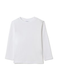 Weißes Langarmshirt aus weicher Baumwolle, mit rundem Halsausschnitt und einer Knopfleiste an der Schulter für einfaches An- und Ausziehen.