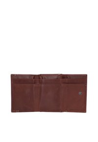 Brown leather wallet, closed, with multiple card slots. Features smooth texture and subtle stitching detail. Small snap closure visible.