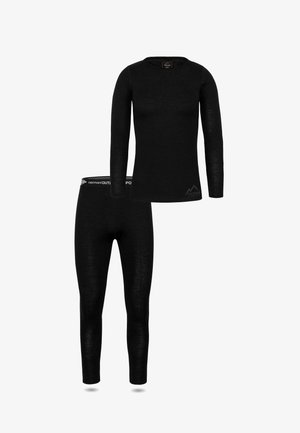Black thermal base layer set, including a long-sleeve top and fitted leggings. Made of soft, stretchy fabric with a smooth texture.