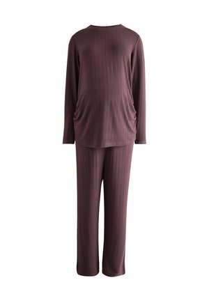 Long-sleeve ribbed dark brown maternity top with matching straight-leg ribbed pants on white background.