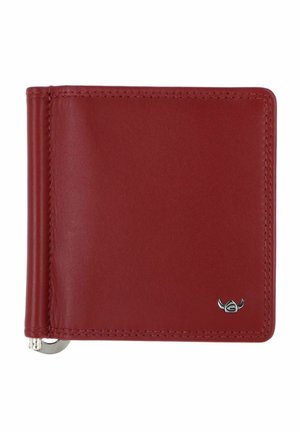 Portefeuille bi-pli en cuir rouge avec bords cousus et petit logo de taureau argenté dans le coin inférieur droit.