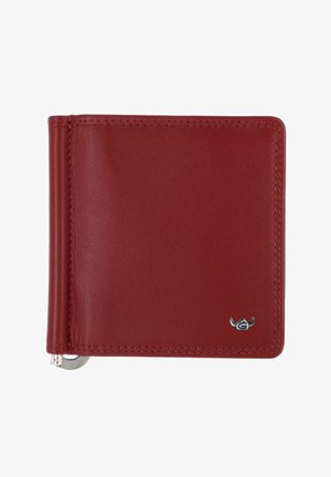 Portefeuille bi-pli en cuir rouge avec bords cousus et petit logo de taureau argenté dans le coin inférieur droit.