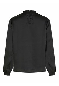Blusa nera a maniche lunghe realizzata in tessuto morbido. Presenta un colletto arricciato e polsini elasticizzati. La parte posteriore include un piccolo aperture a forma di chiave.