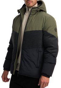 Padded jacket featuring a hood, in olive green and navy colors, with a textured grey middle section and elastic cuffs. Zippered front.