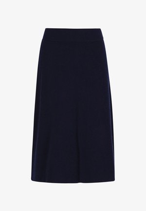 Gonna A-line blu navy con elastico a coste in vita, realizzata in tessuto morbido, caratterizzata da fessure laterali per facilità di movimento e dettagli di cucitura pulita.