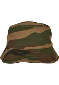 Chapeau seau camouflage dans des nuances de vert et de marron, fabriqué en tissu au toucher doux. Il présente un large bord et des détails cousus.