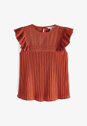 Bluzka bez rękawów w kolorze rdzy z plisowanym materiałem, koronkową karczkiem, kwiatową haftowaną lamówką i marszczonymi detalami na ramionach.