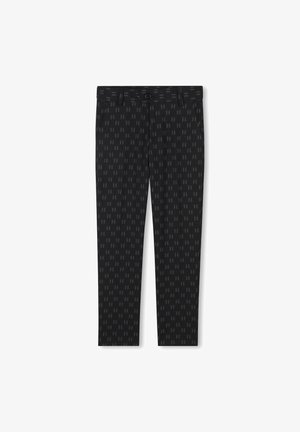 Pantalon noir avec un motif géométrique subtil, fabriqué dans un tissu lisse. Le design comprend une taille standard et des poches avant.
