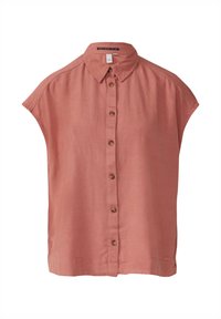 Kurzärmliges Shirt aus Korallenleinen mit spitzem Kragen, Knopfleiste und lockerem Schnitt. Ausgestattet mit Holzknöpfen und einem geraden Saum.