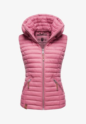 Rosa uten ermer puffjakke med høy krage, quiltet tekstur, frontlås og to glidelåslommer på siden; stoffet ser lett ut.