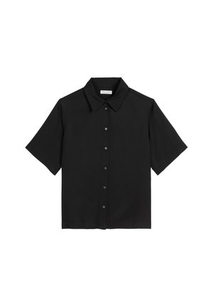 Short-sleeve black shirt made of smooth fabric. Features a pointed collar and a button-down front with six buttons. Clean, minimalist design.