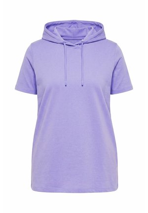 Kurzärmeliger Lavendel-Hoodie mit vorderen Bändern und lockerer Passform, auf weißem Hintergrund dargestellt.