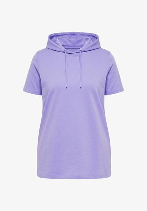 Bluza z kapturem w kolorze lawendy z krótkim rękawem, wiązaniami z przodu i luźnym krojem, przedstawiona na białym tle.