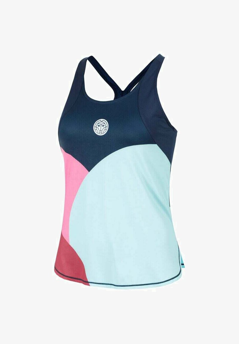 Mouwloos sporttanktop met marineblauwe bandjes, kleurvlakken in blauw, roze en bordeaux, en een klein, rond wit logo op de borst.