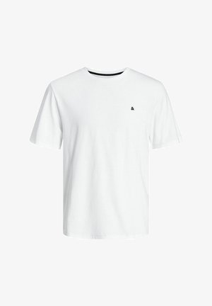 Camiseta de algodón blanca con mangas cortas, cuello redondo y un pequeño logo negro "&" en el lado izquierdo del pecho. Textura suave, corte clásico.