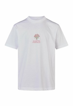 White short-sleeve t-shirt with a small embroidered pink flower bouquet and pink text "CLEPTOMANICX" centered on the chest.