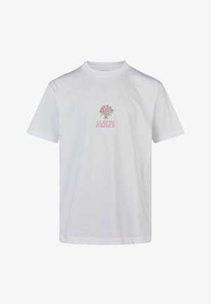 White short-sleeve t-shirt with a small embroidered pink flower bouquet and pink text "CLEPTOMANICX" centered on the chest.