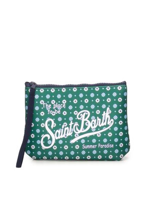 Bustina verde con zip, piccoli fiori bianchi e blu, cursore della zip blu navy e testo bianco con la scritta "The place to be Saint Barth Summer Paradise."