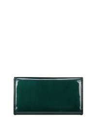 Grünes Bi-Material-Portemonnaie mit einem glatten Lacklederaußenbereich und einem strukturierten Wildlederpanel. Rechteckige Form mit Kontrastnähten.