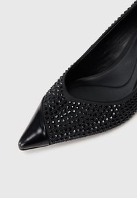 Črne čevlje s koničastim nosom, z gladkim usnjem na konici in teksturiranim zgornjim delom, okrašeni z črnimi rhinestones, z elegantno silhueto in mehkim podloženjem.