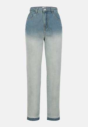 Calças de ganga de cintura alta em azul com efeito degradé, que transita do escuro para o claro na parte inferior, feitas de denim com um corte reto.