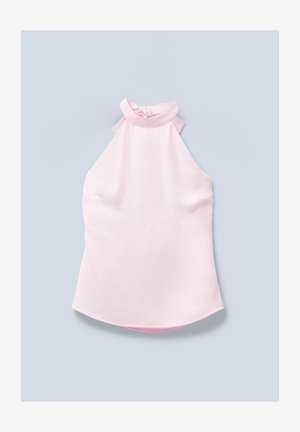 Helles rosa Halstopp mit hohem Ausschnitt und einem geknoteten Detail am Kragen, ausgestattet mit einer glatten, weichen Textur und einem leicht abgerundeten Saum.