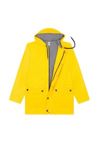 Imperméable jaune avec capuche, doté d'un intérieur rayé gris, de deux poches avant et de boutons-pression noirs.