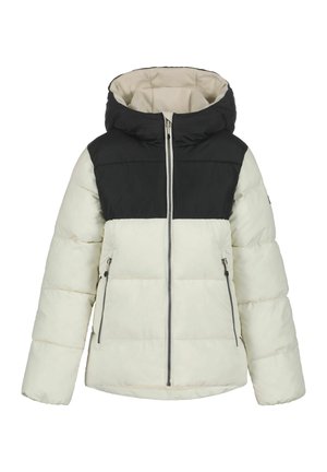 Steppjacke mit schwarzem Einsatz und Kapuze, weißem Körper und Ärmeln, Frontreißverschluss und Reißverschlusstaschen an den Seiten.