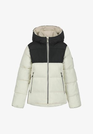 Steppjacke mit schwarzem Einsatz und Kapuze, weißem Körper und Ärmeln, Frontreißverschluss und Reißverschlusstaschen an den Seiten.