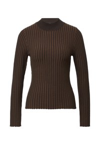 Brązowy sweter prążkowany z wysokim dekoltem i długimi rękawami. Posiada teksturowany wzór materiału oraz falbaniasty dół.