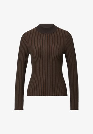 Brązowy sweter prążkowany z wysokim dekoltem i długimi rękawami. Posiada teksturowany wzór materiału oraz falbaniasty dół.