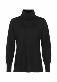 Schwarzer langärmeliger Rollkragenpullover mit gerippten Bündchen und Saum, auf einem weißen Hintergrund präsentiert.