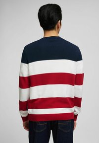 Strickpullover mit horizontalen Streifen in Marineblau, Rot und Weiß. Rundhalsausschnitt, strukturierter Stoff und dezentes Branding am Saum.
