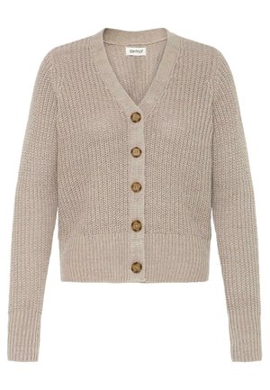Cardigan lavorato a maglia beige con scollatura a v, sette bottoni di legno lungo il davanti, polsini e orlo a coste, e un tessuto testurizzato su tutta la superficie.