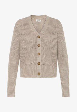Beige stickad cardigan med v-ringning, sju träknappar framtill, ribbade muddar och nederkant, samt en texturerad tyg över hela.